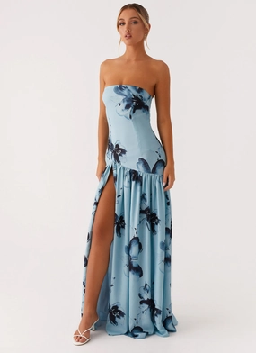 Eden Strapless Maxi Dress - Blue Black Floral Daily Wear