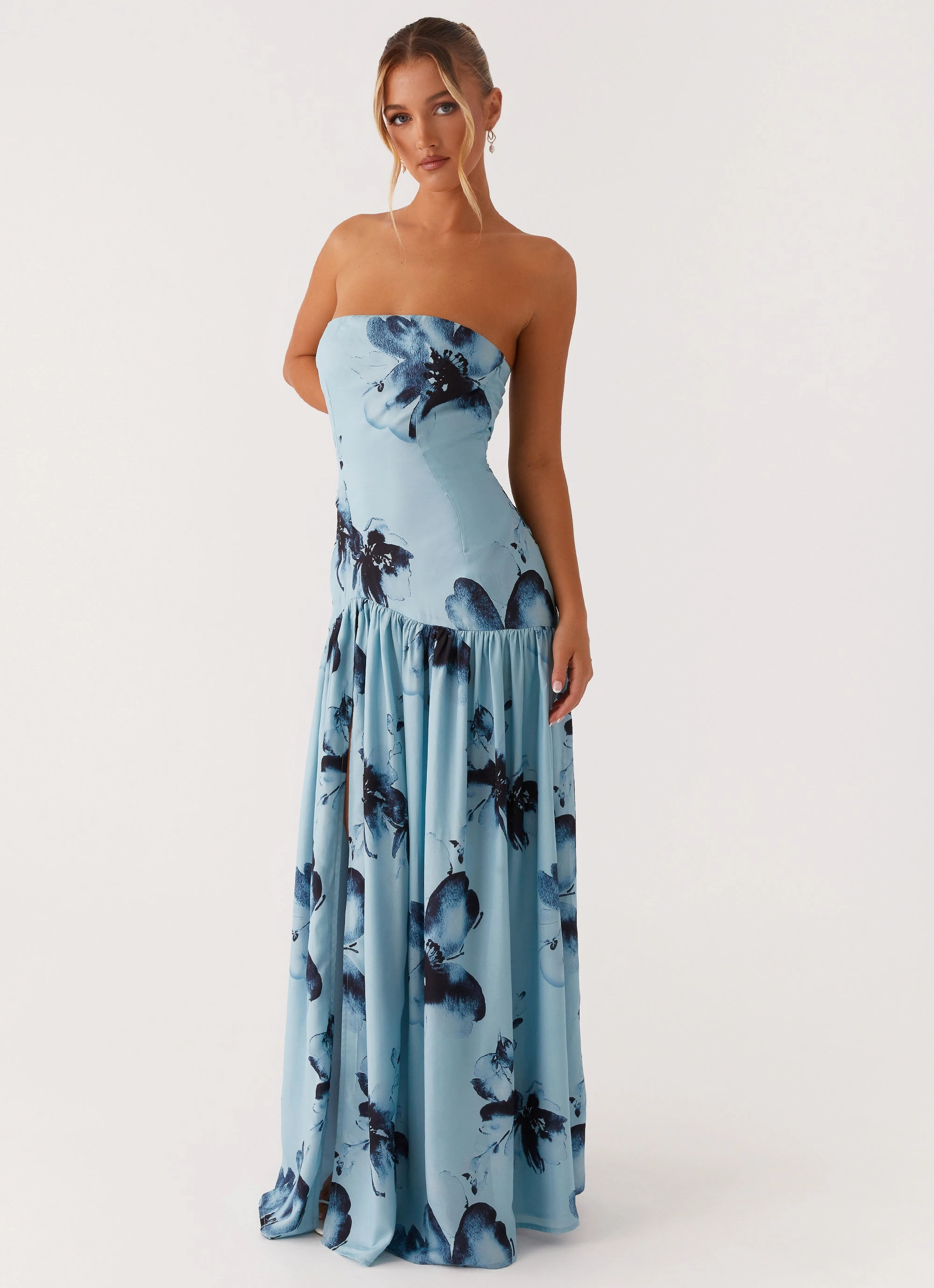 Eden Strapless Maxi Dress - Blue Black Floral Plus Fit Feminine Vibe