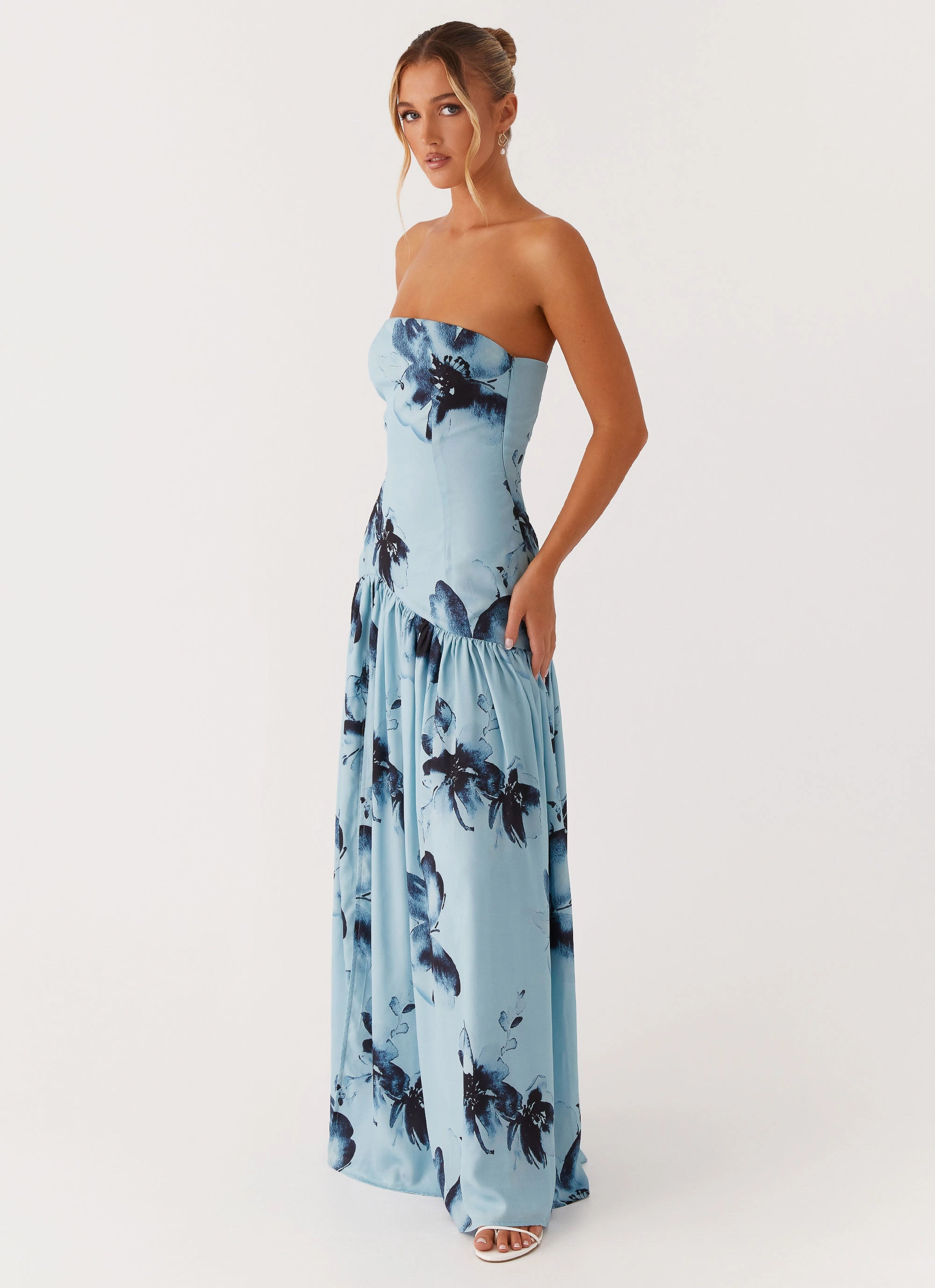 Eden Strapless Maxi Dress - Blue Black Floral Timeless Layering