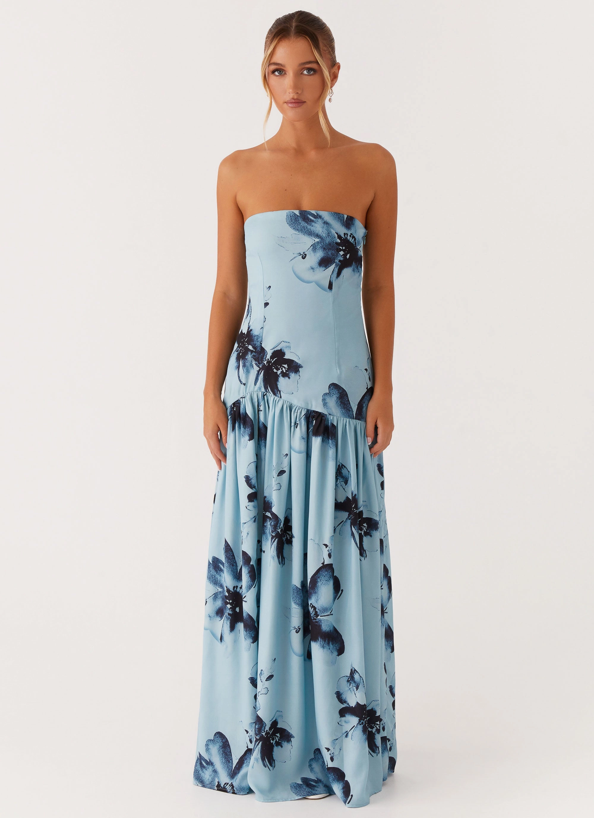 Eden Strapless Maxi Dress - Blue Black Floral Elegant Look
