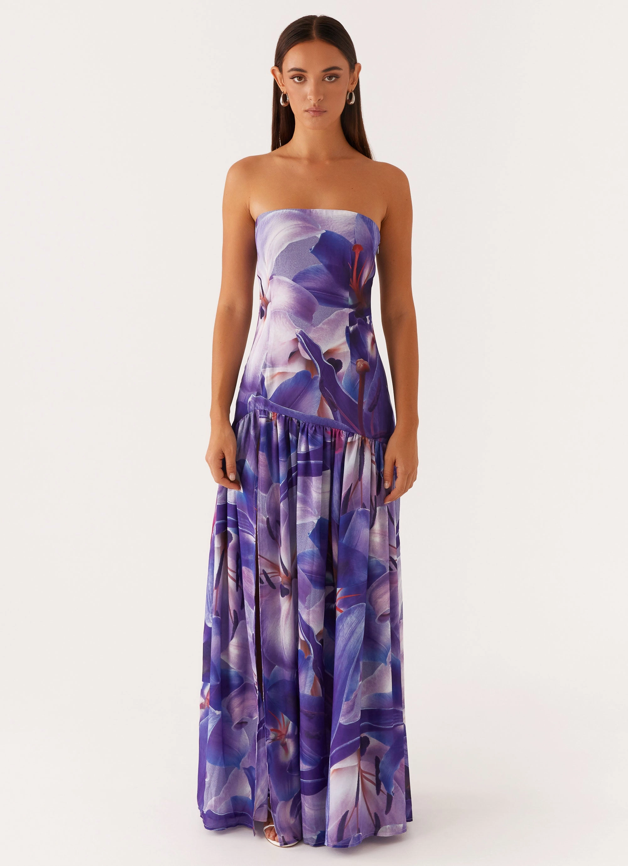 Eden Strapless Maxi Dress - Purple White Lilly Perfect Waistband Quick Elegance