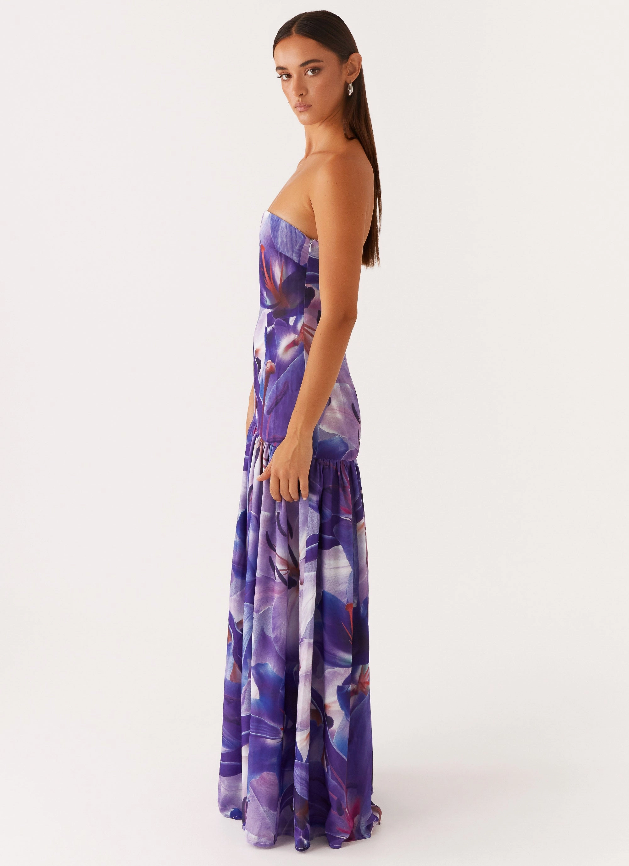 Soft fabric piece Lined interior Eden Strapless Maxi Dress - Purple White Lilly