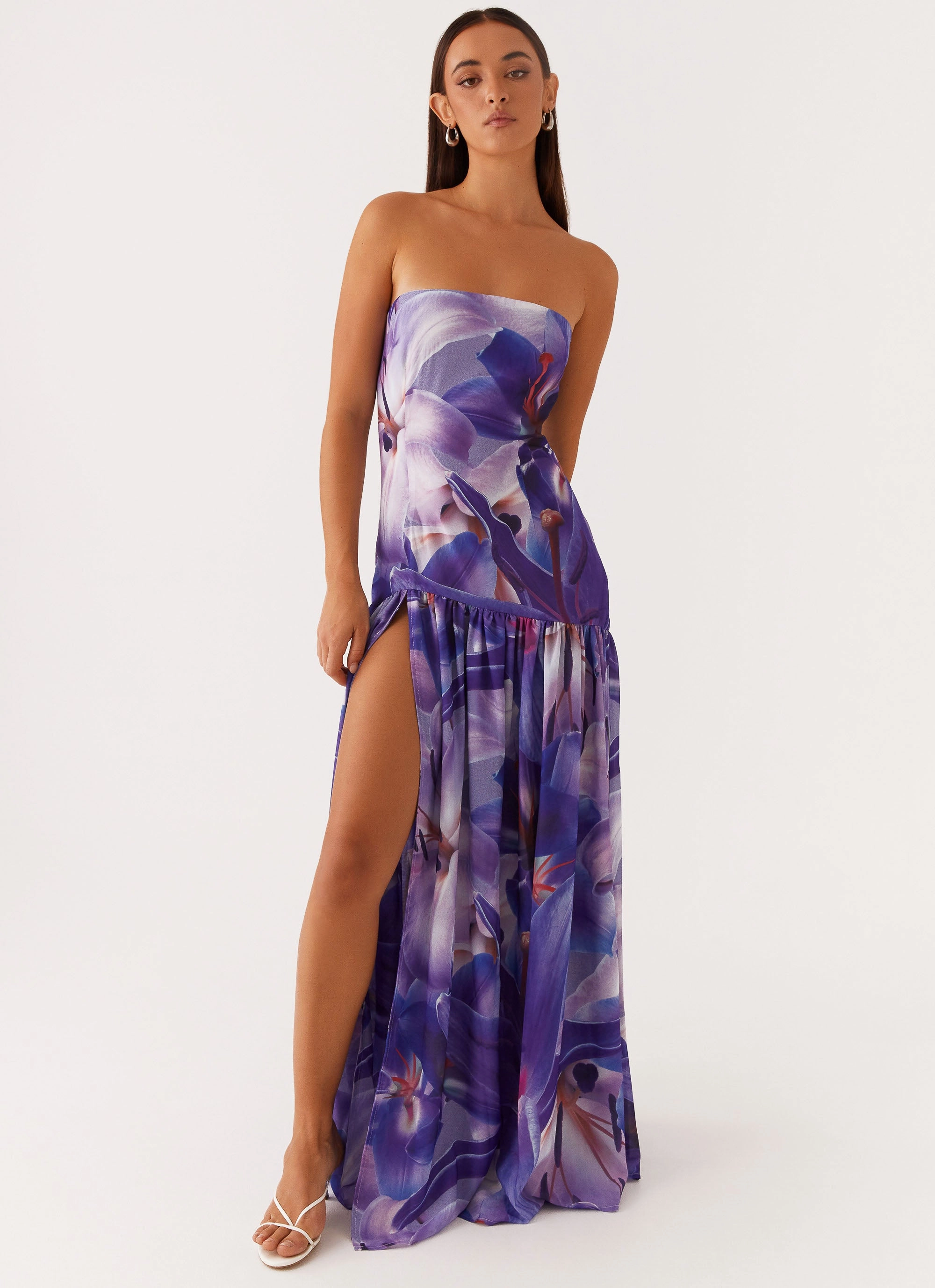 Eden Strapless Maxi Dress - Purple White Lilly Mood Edge Puff-Sleeve
