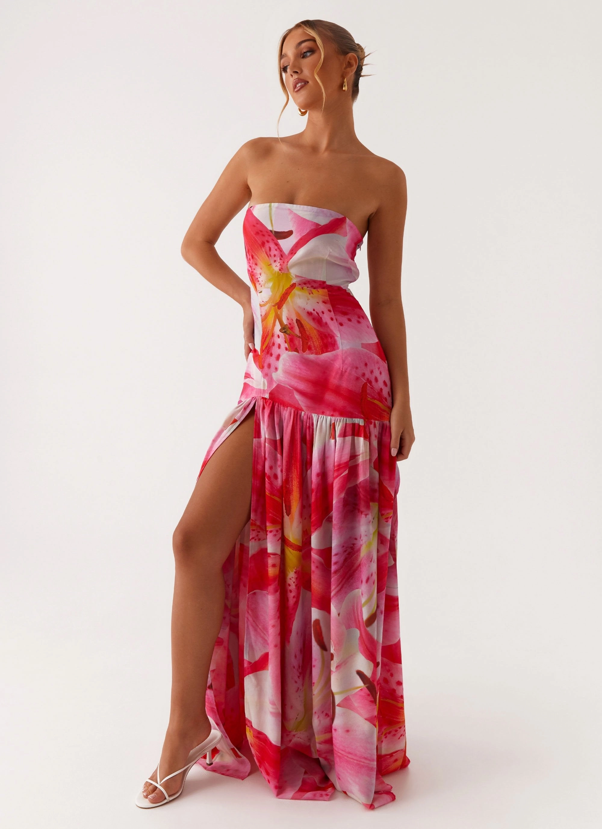 Eden Strapless Maxi Dress - White Pink Lilly Versatile Layer