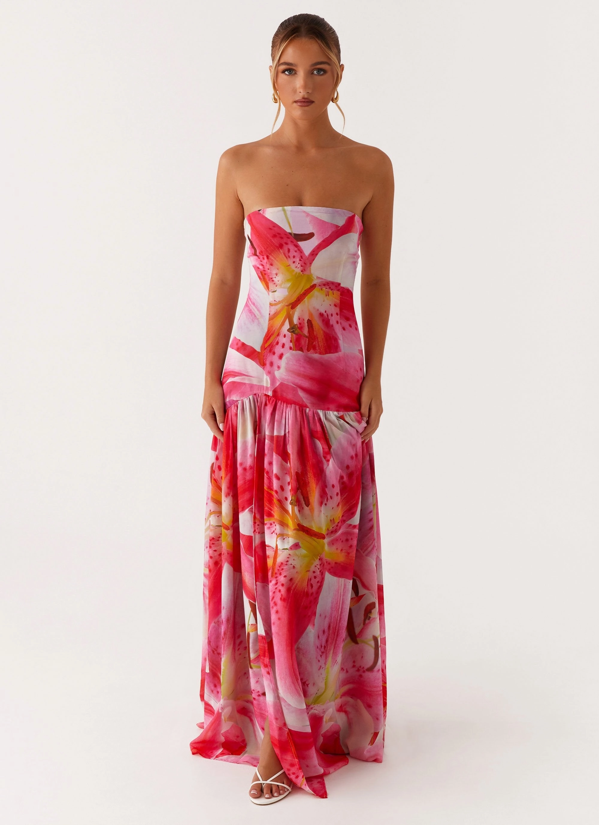 Eden Strapless Maxi Dress - White Pink Lilly Style Base