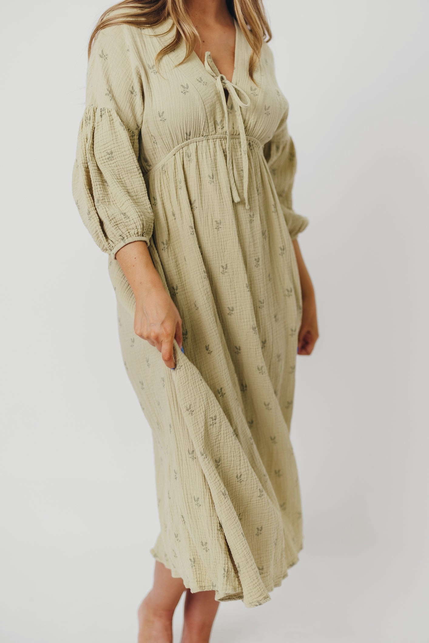 Hunter 100% Cotton Gauze Midi Dress in Thyme/Sage Foliage - Bump Friendly & Inclusive Sizing (XS-3XL) Mood Casual