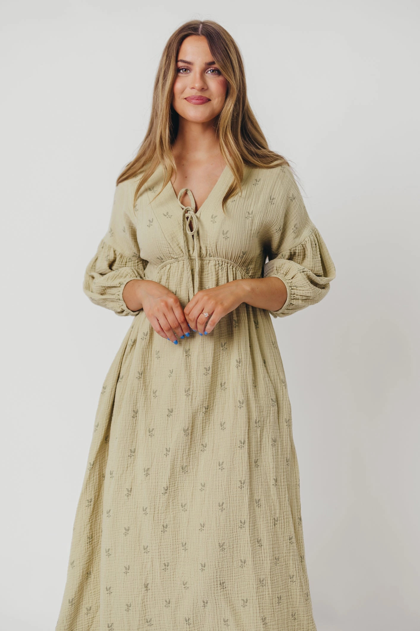 Hunter 100% Cotton Gauze Midi Dress in Thyme/Sage Foliage - Bump Friendly & Inclusive Sizing (XS-3XL) Chilly Comfort Wear