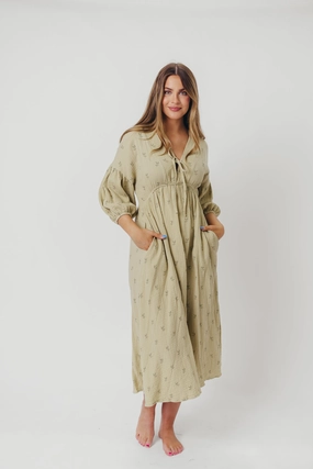 Hunter 100% Cotton Gauze Midi Dress in Thyme/Sage Foliage - Bump Friendly & Inclusive Sizing (XS-3XL) Tailored Style Dinner Outfit