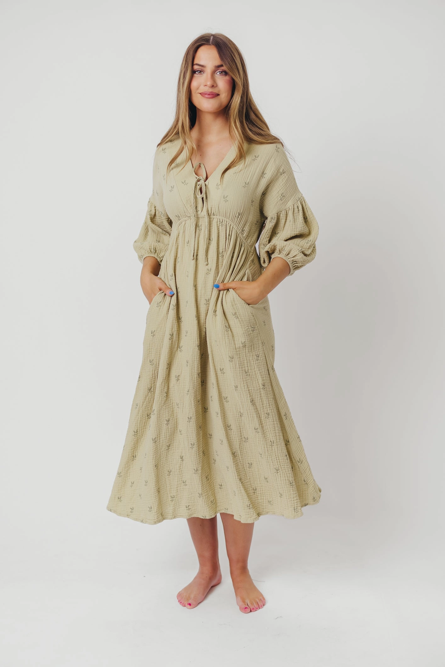 Casual and Stylish Hunter 100% Cotton Gauze Midi Dress in Thyme/Sage Foliage - Bump Friendly & Inclusive Sizing (XS-3XL)