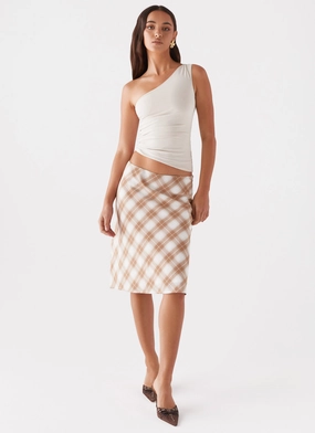 Andie Midi Skirt - Brown/White Plaid Roll Up Fasten Basic Layers