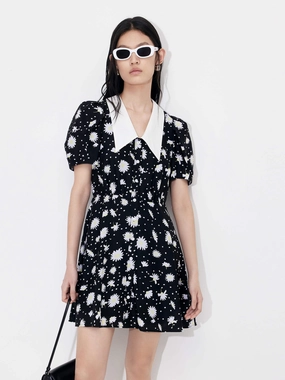 Silk Blend Printed Dress Midi-Length monochrome