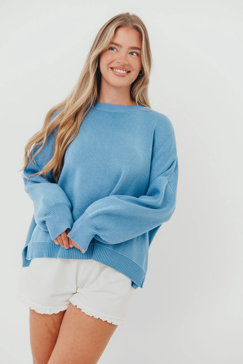 Leigh Drop Shoulder Sweater in Pacific Durable Fabric Knit texture