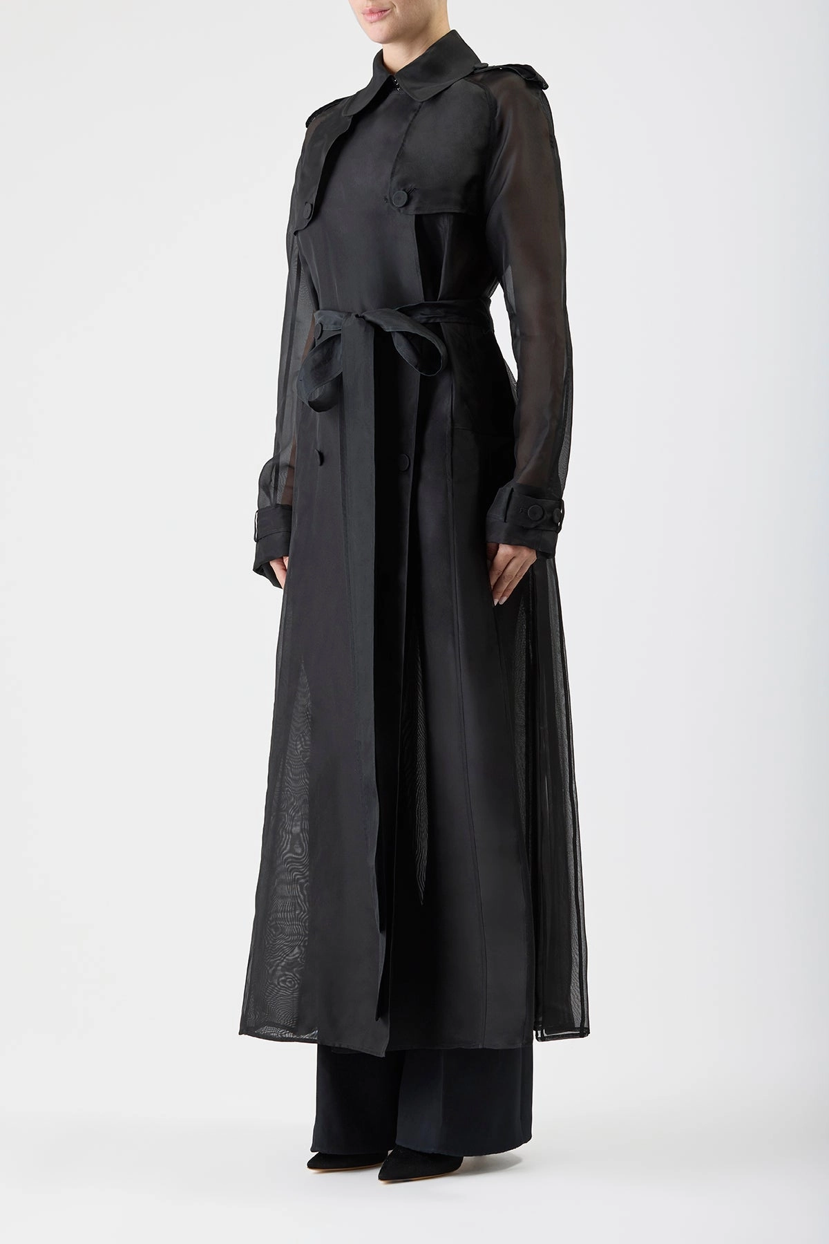 Eithne Sheer Trench Coat in Black Silk Organza OdorControlTreatment