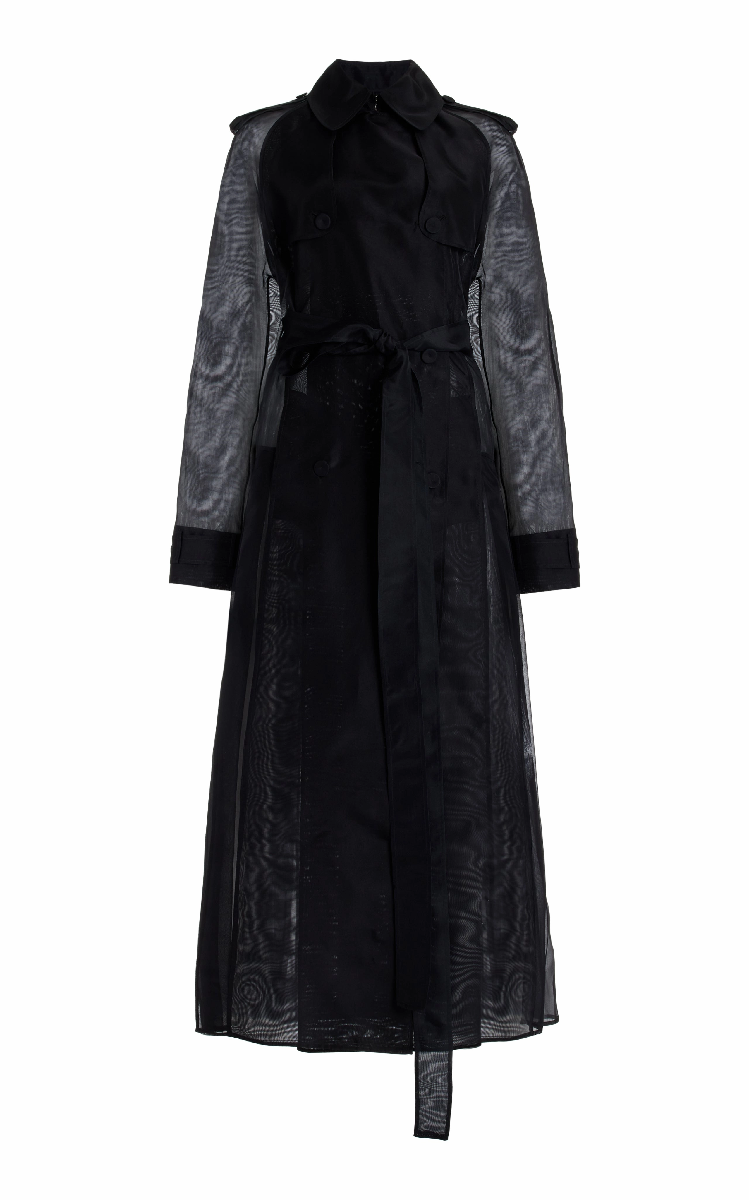 Soft Touch Ergonomic Shoulder Fit Eithne Sheer Trench Coat in Black Silk Organza