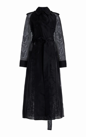 Soft Touch Ergonomic Shoulder Fit Eithne Sheer Trench Coat in Black Silk Organza