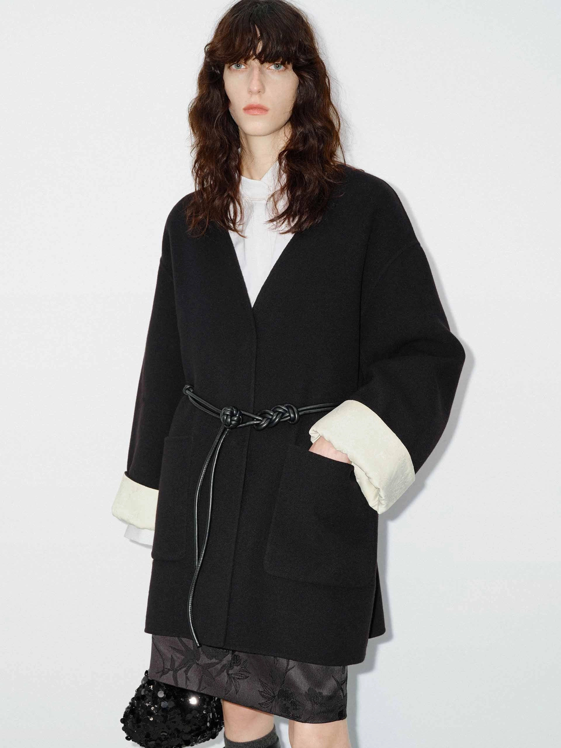 Wool V-neck Midi Coat Belted Style