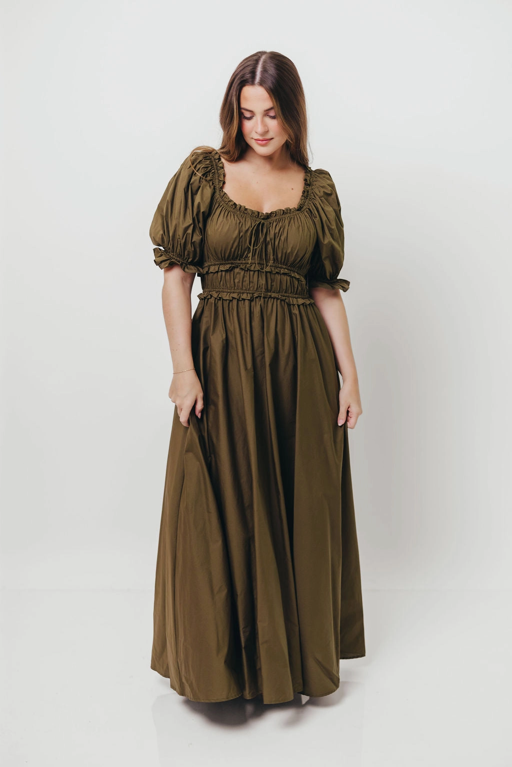 Sydnee Cotton Maxi Dress in Dusty Olive - Bump Friendly Romantic Mood Outdoor Scene