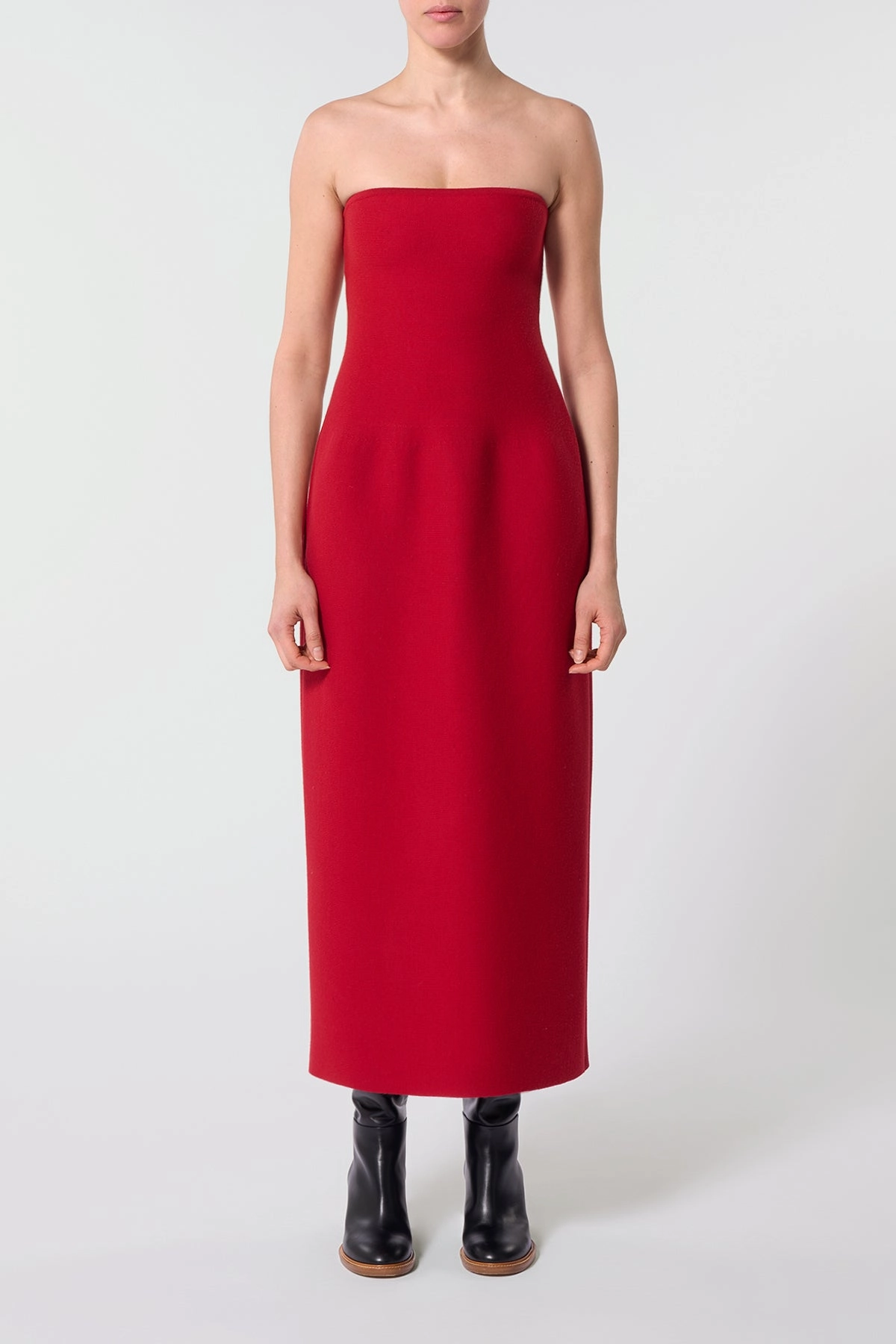 Immanuel Knit Maxi Dress in Scarlet Red Merino Wool Neutral Style ribbed texture