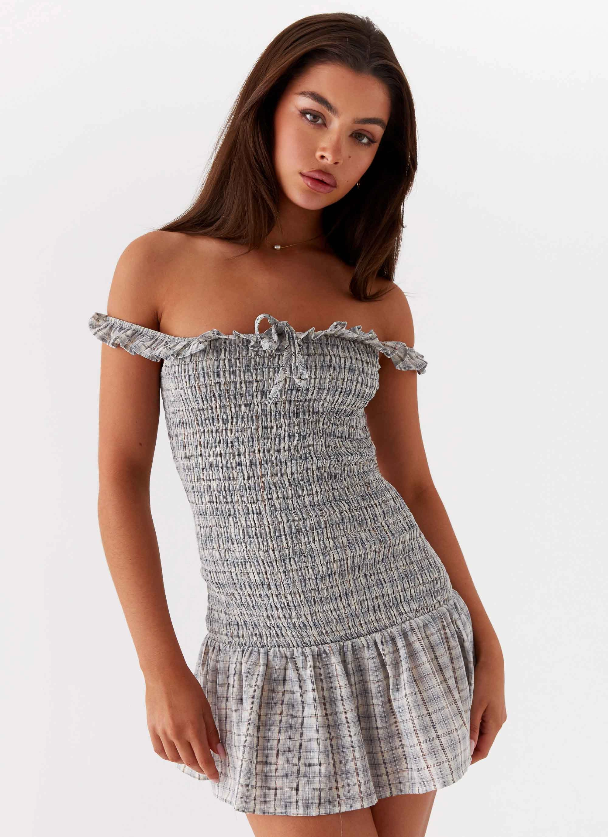 Anica Check Mini Dress - Grey Check Muted Tones