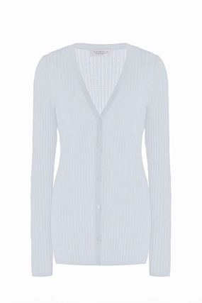 Emma Pointelle Knit Cardigan in Light Blue Cashmere Silk Colorfast Dyed Knit Reinforced Neckline Stitching