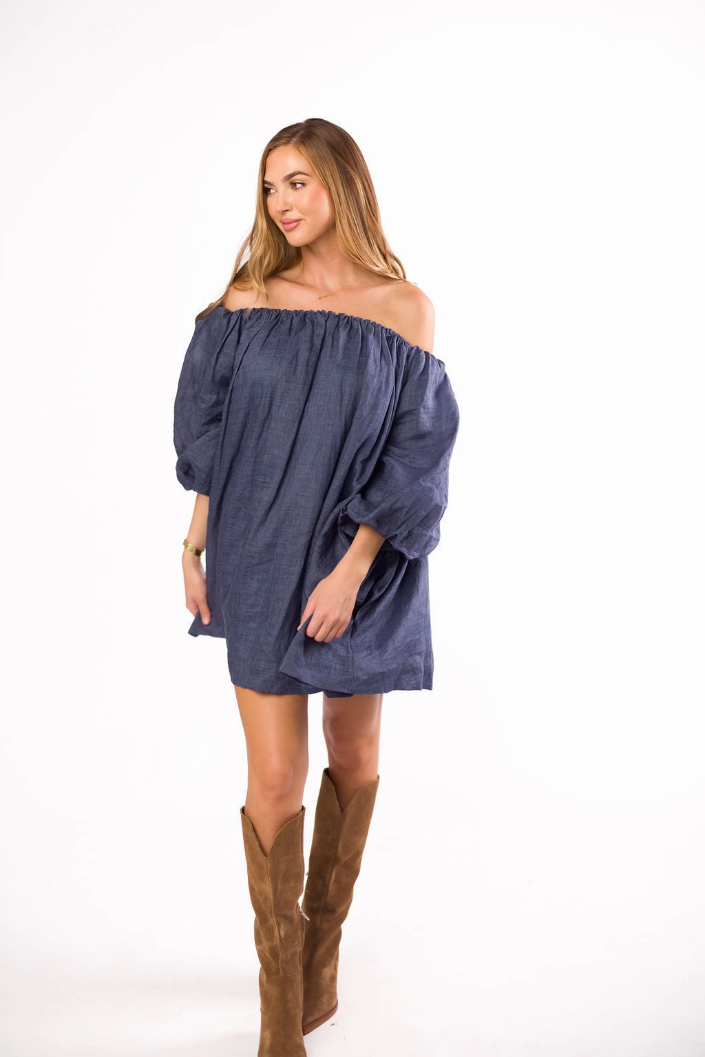 Tailored Layers Smooth Motion Cassidy 100% Linen On/Off Shoulder Mini Dress in Denim *Final-Sale*