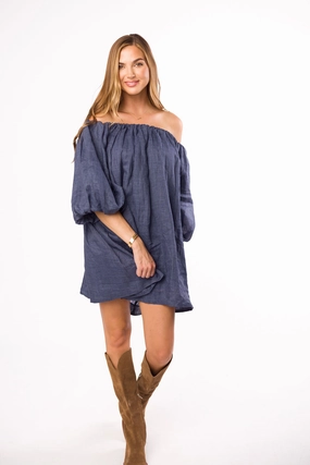 Cassidy 100% Linen On/Off Shoulder Mini Dress in Denim *Final-Sale* Office Casual