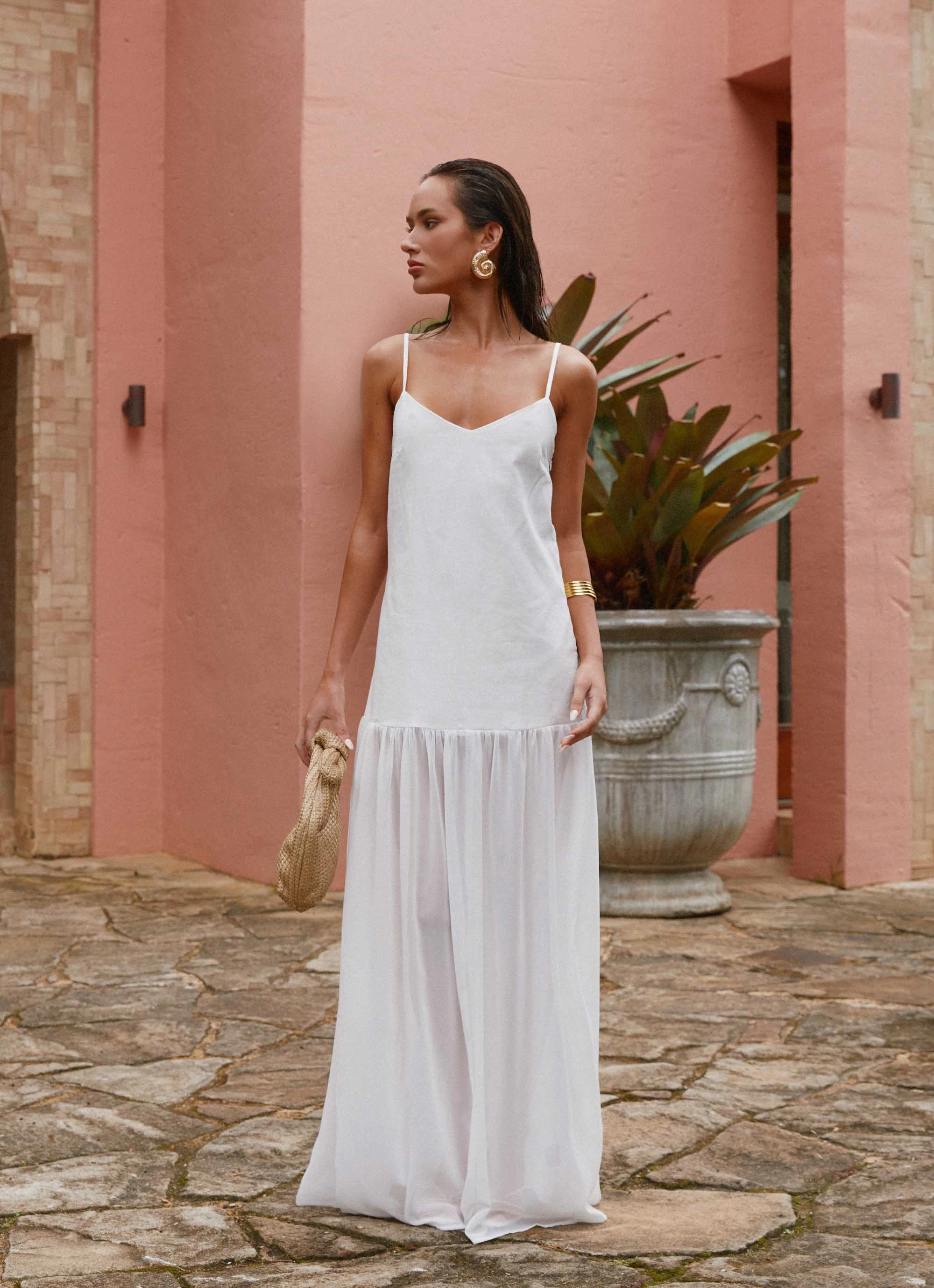 Heavenly Linen Maxi Dress - White Layered Wear Bare Arm