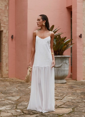 Heavenly Linen Maxi Dress - White Layered Wear Bare Arm