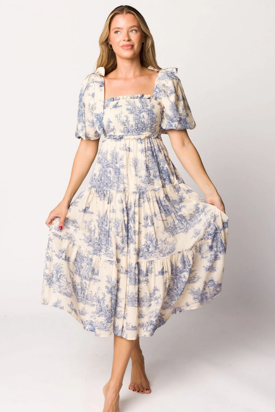 Elena 100% Cotton Toile Print Smocked Midi Dress in Blue - Bump Friendly Romantic date dress Nordic Plain