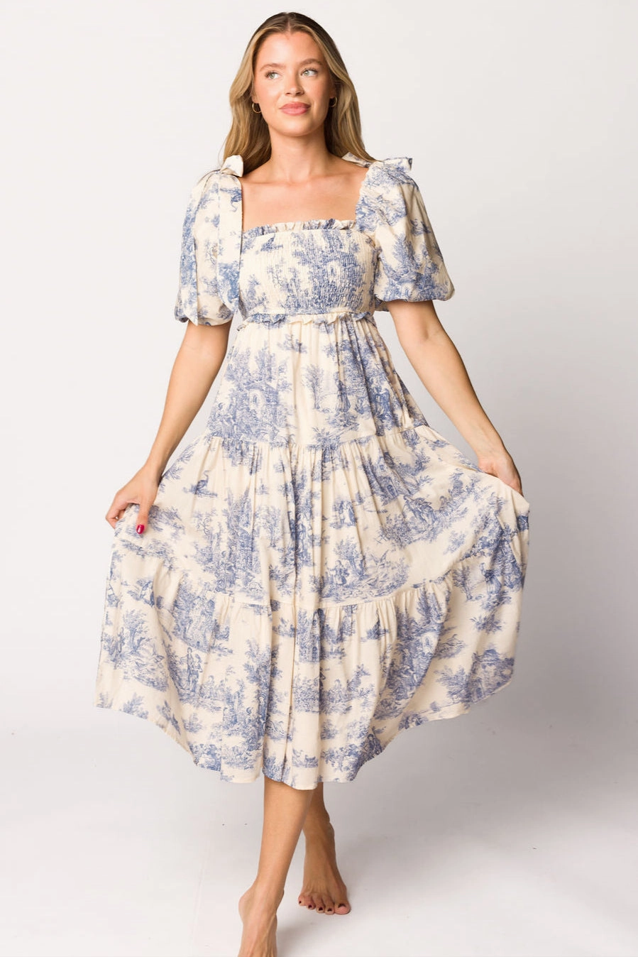 Outfit Core Elena 100% Cotton Toile Print Smocked Midi Dress in Blue - Bump Friendly