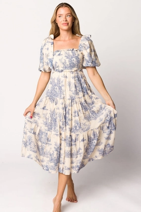 Elena 100% Cotton Toile Print Smocked Midi Dress in Blue - Bump Friendly Cotton-Blend Fall Outfit