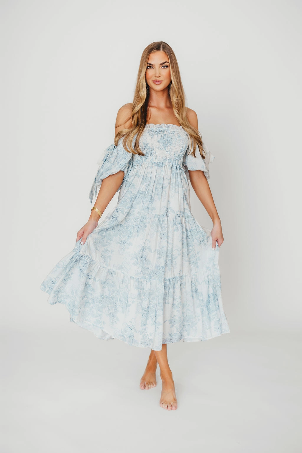 Structured Fit Side-Slit Elena Floral Print Smocked Midi Dress in Blue - Bump Friendly & Inclusive Sizing XS & S Left in Stock)  (Restocking Remaining Sizes in Oct)
