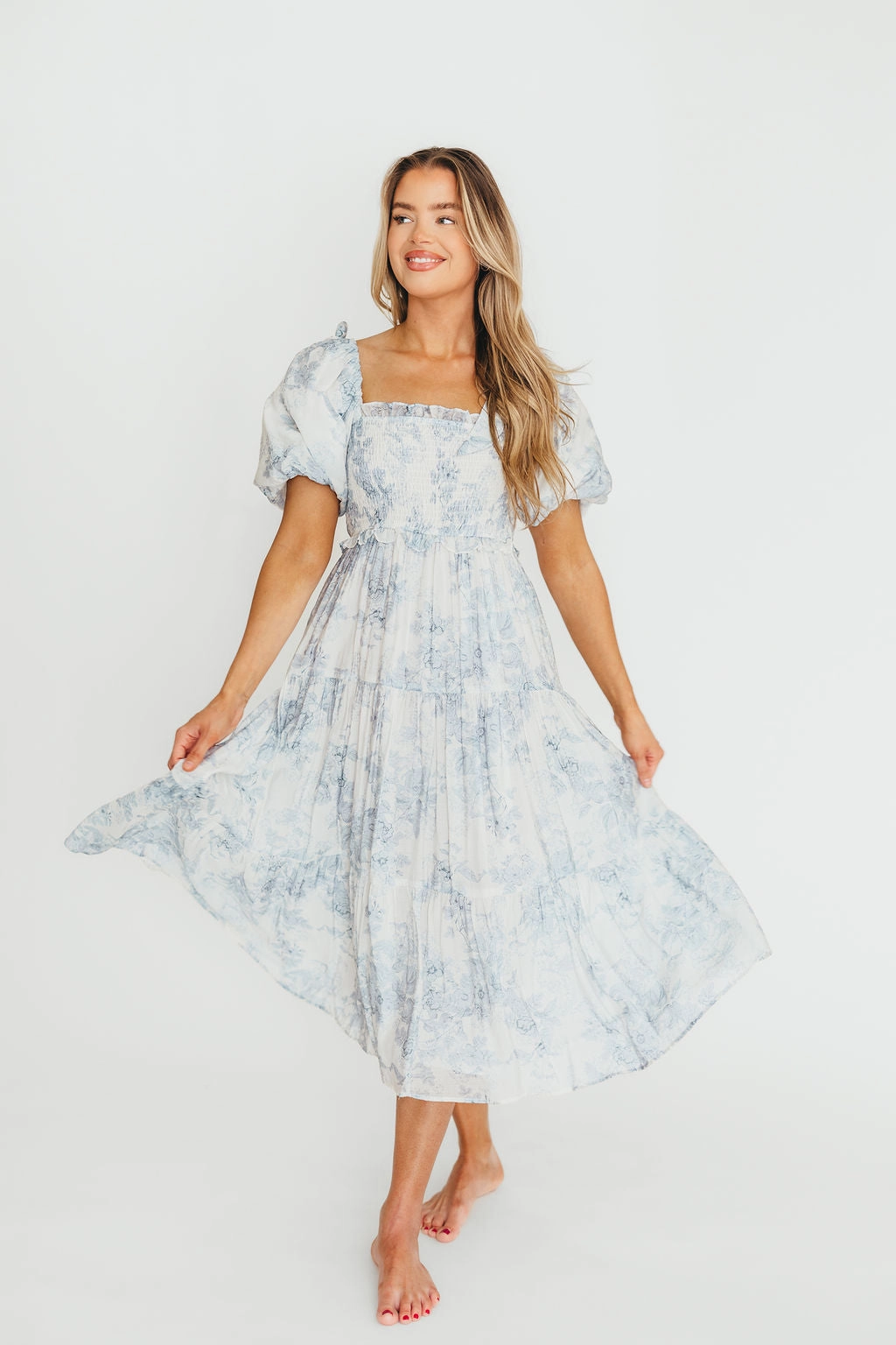 Body Harmony Brunch Fit Elena Floral Print Smocked Midi Dress in Blue - Bump Friendly & Inclusive Sizing XS & S Left in Stock)  (Restocking Remaining Sizes in Oct)