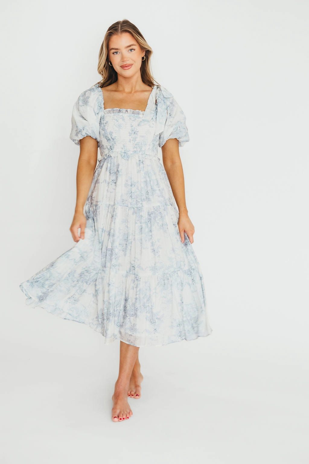 Sleek Wear Elena Floral Print Smocked Midi Dress in Blue - Bump Friendly & Inclusive Sizing XS & S Left in Stock)  (Restocking Remaining Sizes in Oct)