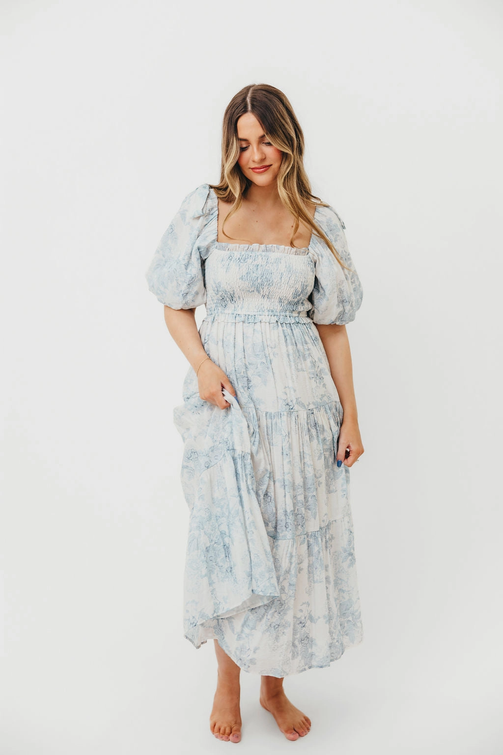 Style Upgrade Elena Floral Print Smocked Midi Dress in Blue - Bump Friendly & Inclusive Sizing XS & S Left in Stock)  (Restocking Remaining Sizes in Oct)