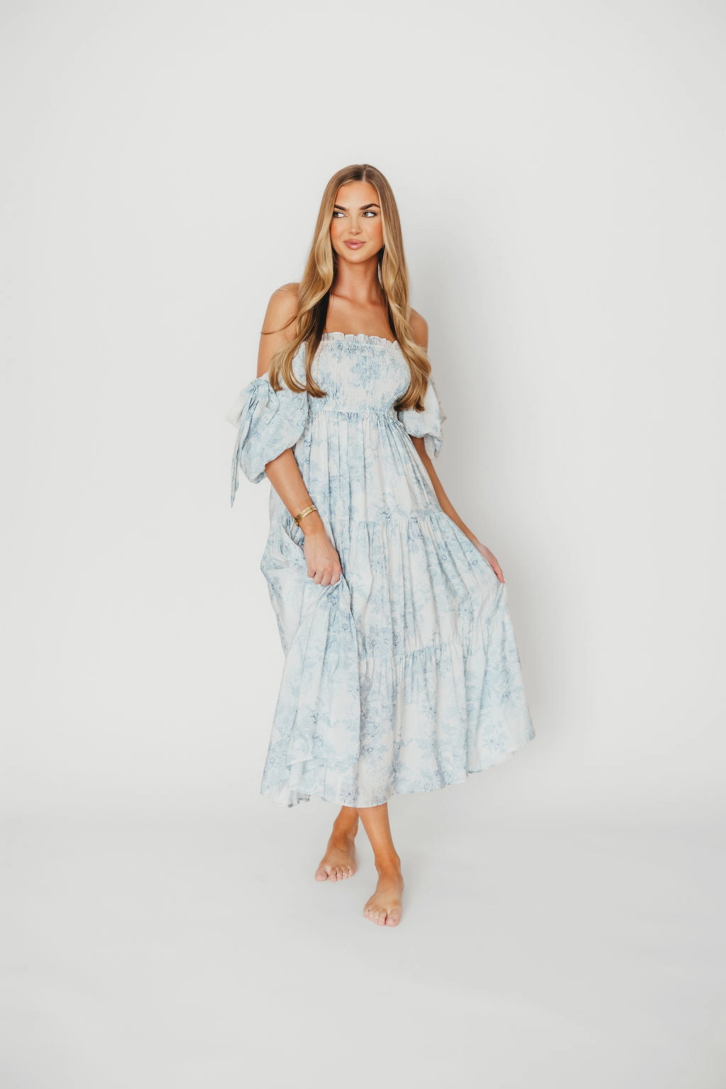 Elena Floral Print Smocked Midi Dress in Blue - Bump Friendly & Inclusive Sizing XS & S Left in Stock)  (Restocking Remaining Sizes in Oct) Minimalist Waistband