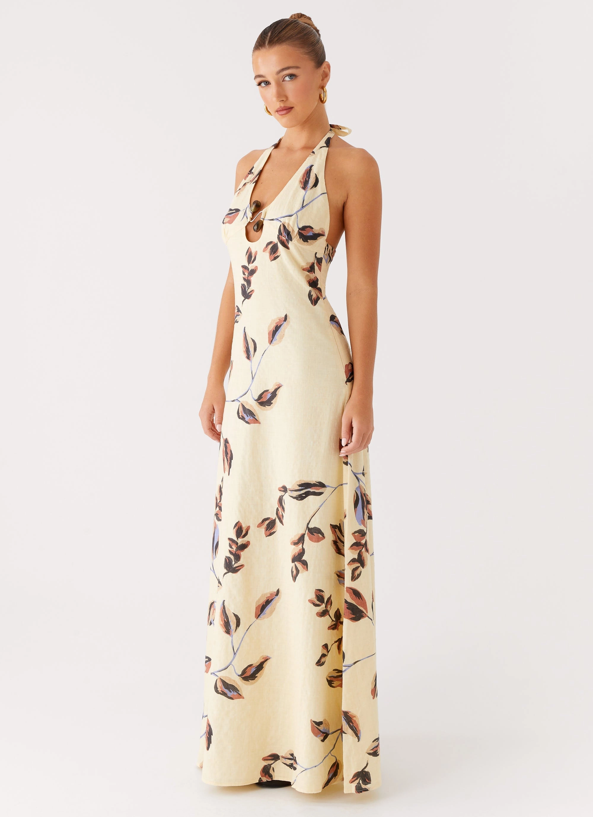 Elvina Halter Neck Maxi Dress - Buttercream Bliss Perfect Style Front-Slit