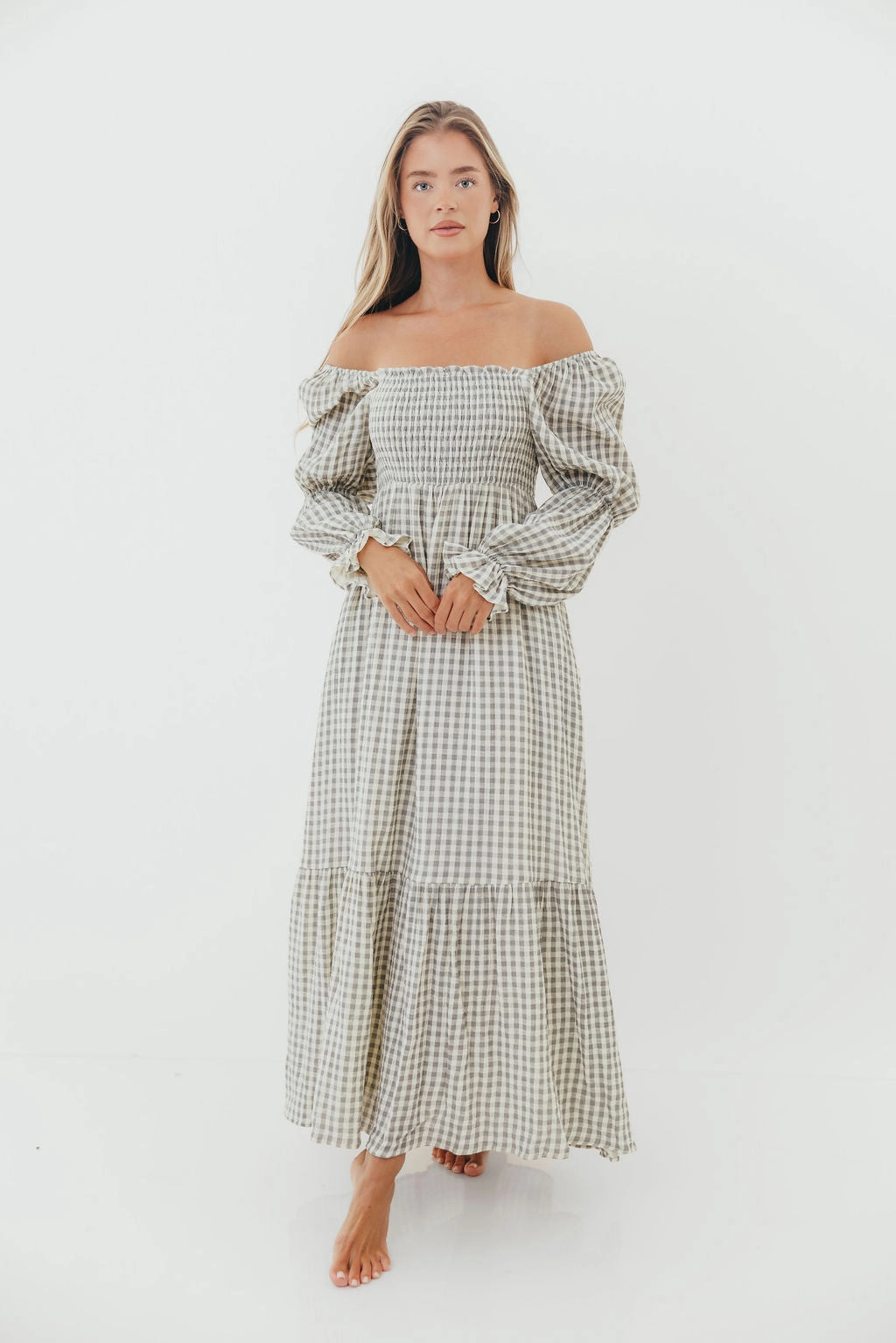 Fall Fashion Bold Design Emerson 100% Cotton Smocked Maxi Dress with Long Sleeves in Gray Sky - Bump Friendly - Restocking in Nov