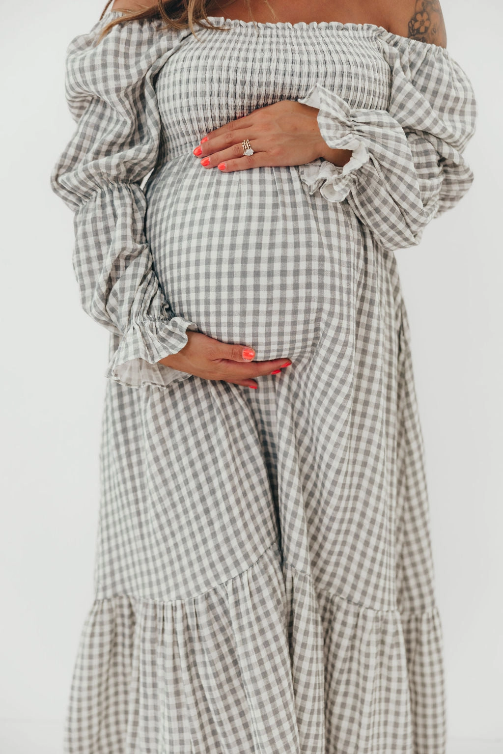 Comfortable and Chic Square Neck Emerson 100% Cotton Smocked Maxi Dress with Long Sleeves in Gray Sky - Bump Friendly - Restocking in Nov