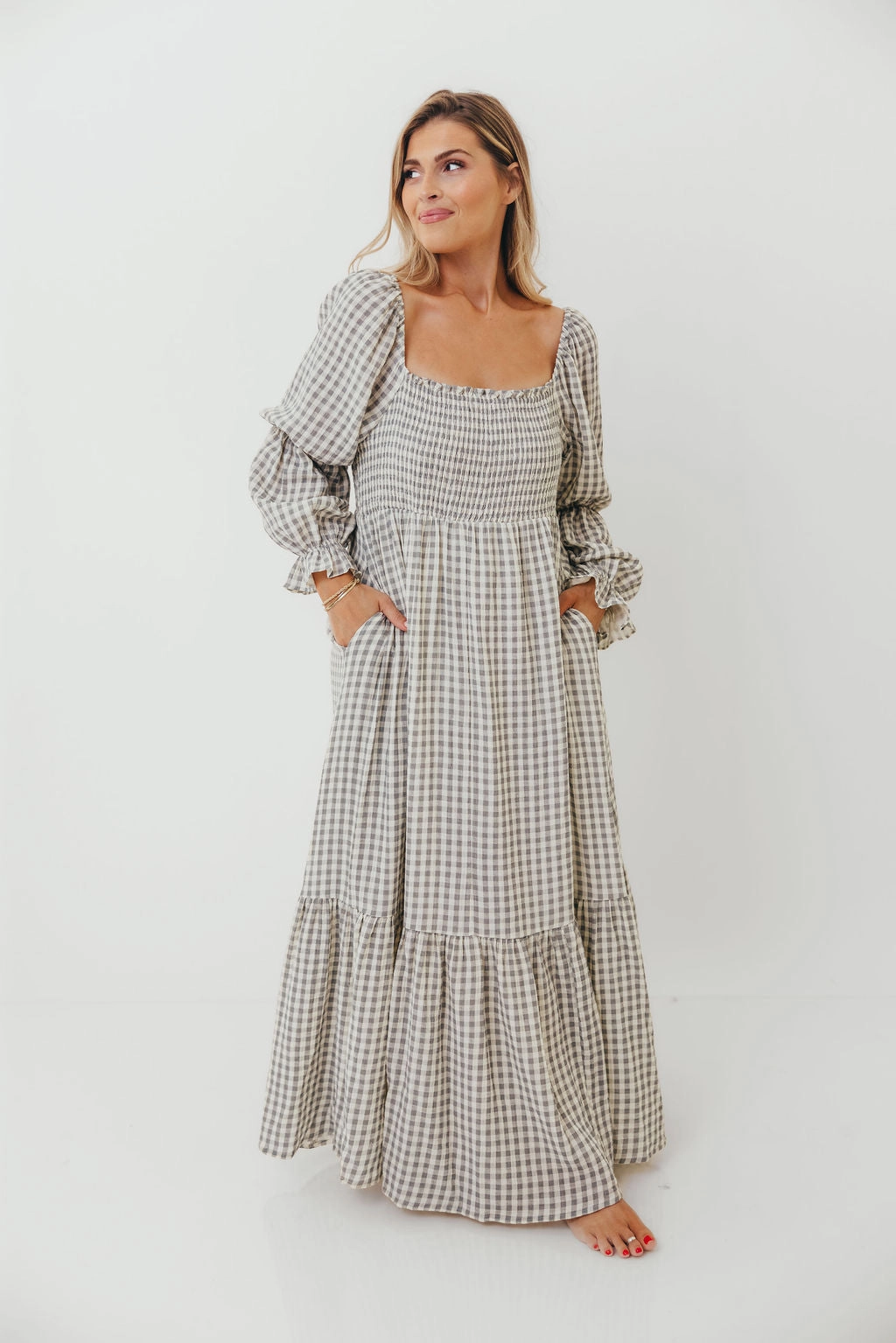 Silky Surface Emerson 100% Cotton Smocked Maxi Dress with Long Sleeves in Gray Sky - Bump Friendly - Restocking in Nov