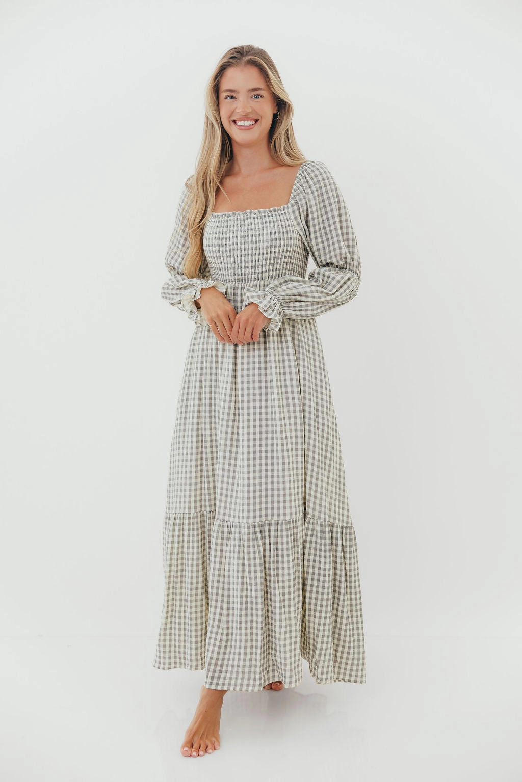 Emerson 100% Cotton Smocked Maxi Dress with Long Sleeves in Gray Sky - Bump Friendly - Restocking in Nov Clear Blush Chic And Comfortable