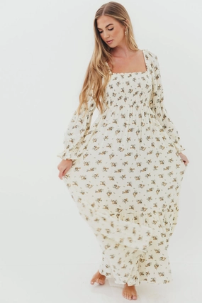 Plus Fit Emerson 100% Cotton Smocked Maxi Dress with Long Sleeves in Off White - Bump Friendly
