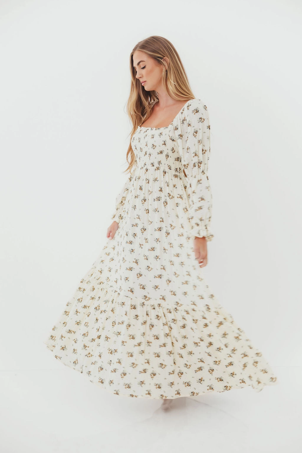 Smooth Lines Vacation Outfit Emerson 100% Cotton Smocked Maxi Dress with Long Sleeves in Off White - Bump Friendly