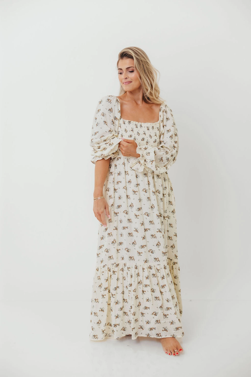 Emerson 100% Cotton Smocked Maxi Dress with Long Sleeves in Off White - Bump Friendly Clean Chic