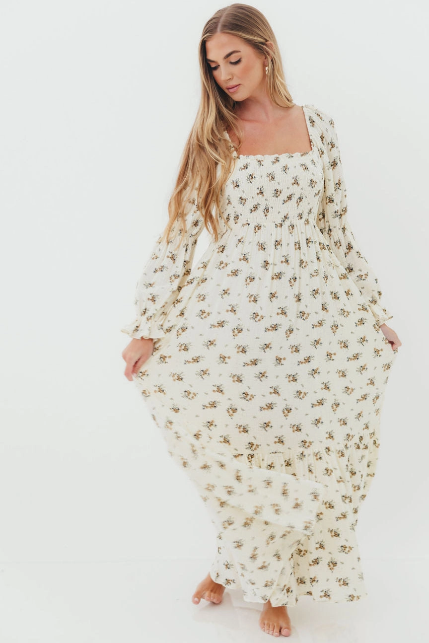 Plus Fit Emerson 100% Cotton Smocked Maxi Dress with Long Sleeves in Off White - Bump Friendly