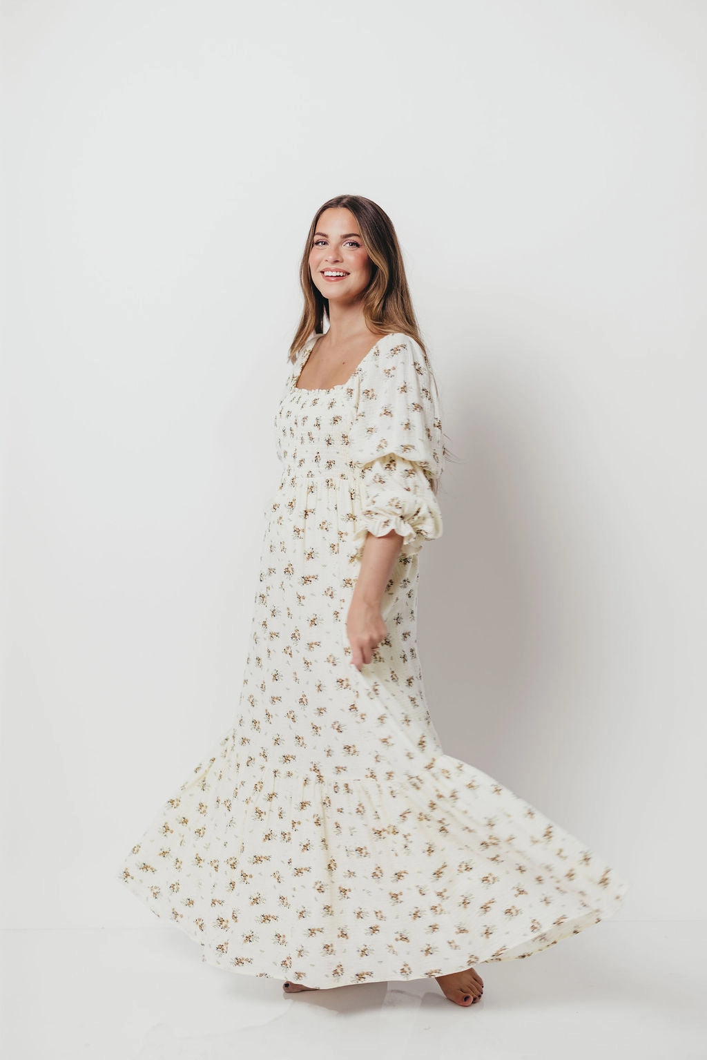 Smart and Stylish Emerson 100% Cotton Smocked Maxi Dress with Long Sleeves in Off White - Bump Friendly