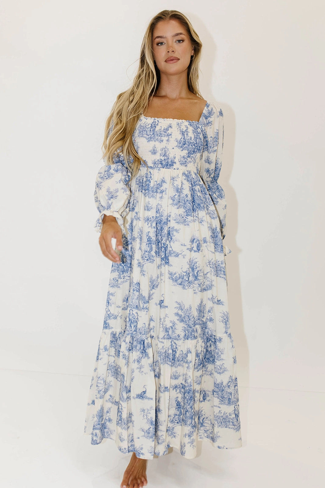 Emerson 100% Cotton Smocked Maxi Dress with Long Sleeves in Scenic Blue - Bump Friendly & Inclusive Sizing Vibrant Tone Simple Bow