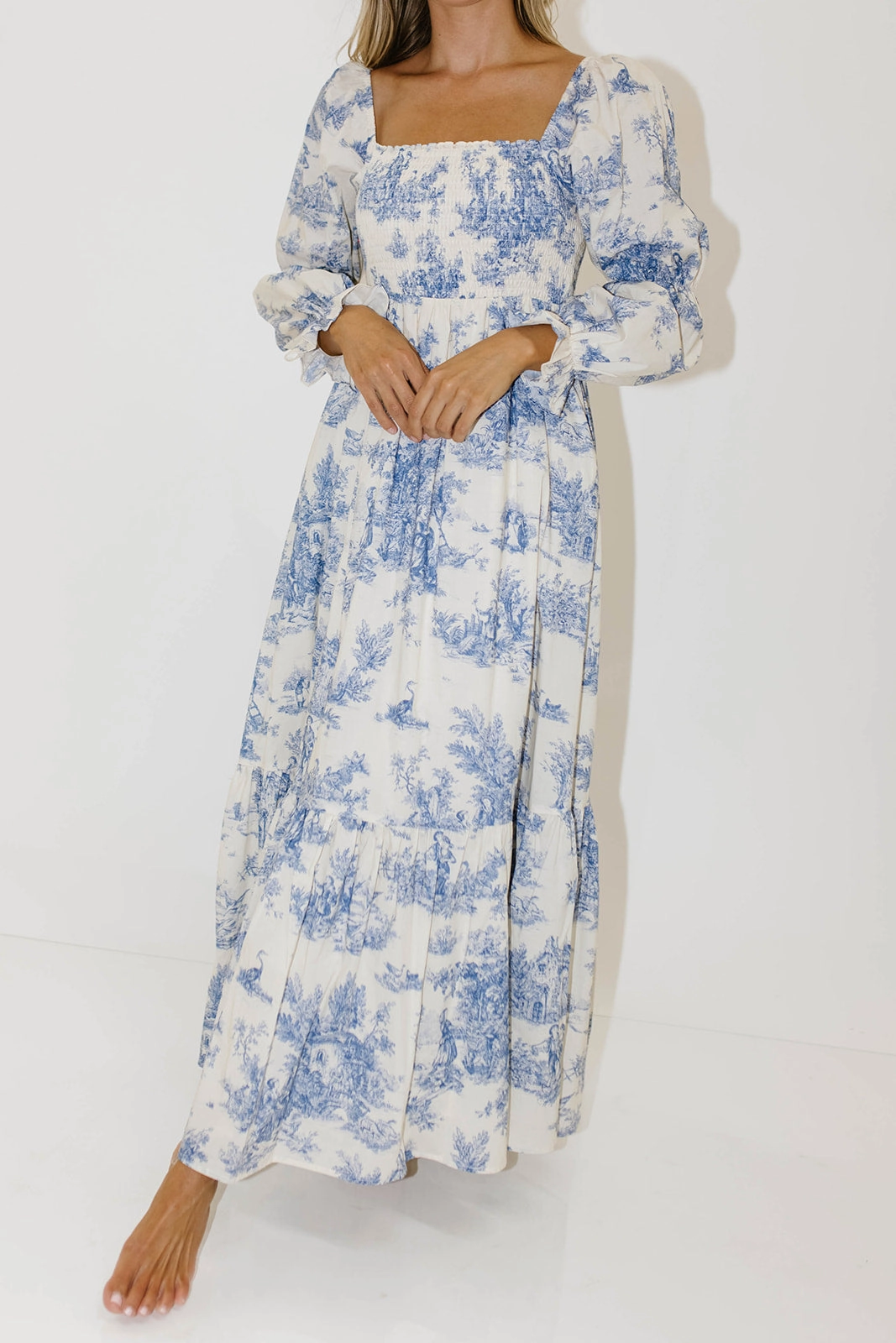 Chic formal attire Sporty-Look Emerson 100% Cotton Smocked Maxi Dress with Long Sleeves in Scenic Blue - Bump Friendly & Inclusive Sizing