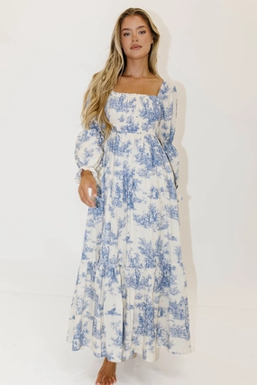 Emerson 100% Cotton Smocked Maxi Dress with Long Sleeves in Scenic Blue - Bump Friendly & Inclusive Sizing Vibrant Tone Simple Bow