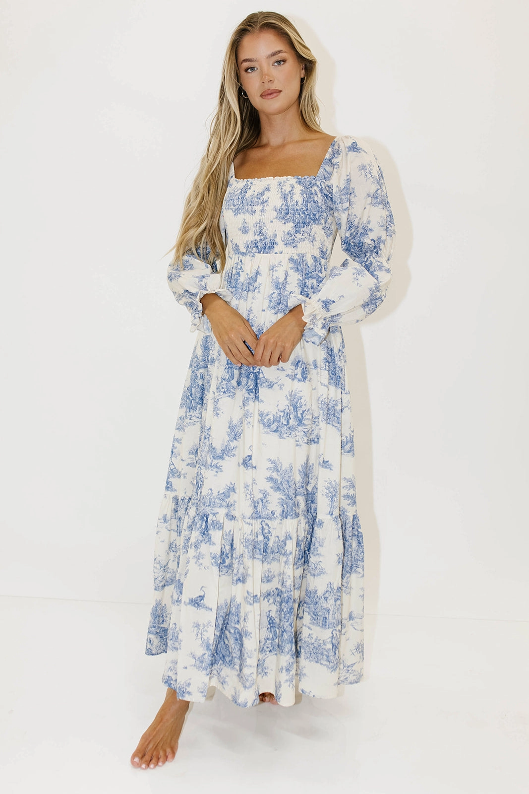 Emerson 100% Cotton Smocked Maxi Dress with Long Sleeves in Scenic Blue - Bump Friendly & Inclusive Sizing Asymmetrical hem Elegant Layer